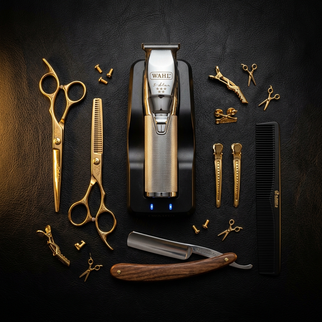 Ambiance barbershop — outils de barber sur fond noir